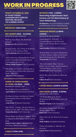 purple poster with 2 columns of text detailing all events for conference