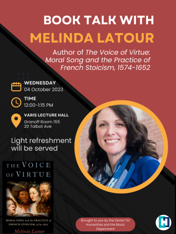 Melinda Latour book talk poster, with author image and book cover