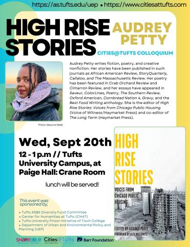 Audrey Petty flyer, in teal and yellow, with the author's picture and the book cover