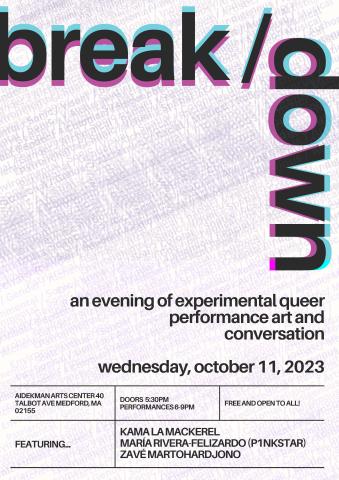 flyer for break/down event, with black, blue and red text on textured pink and white background