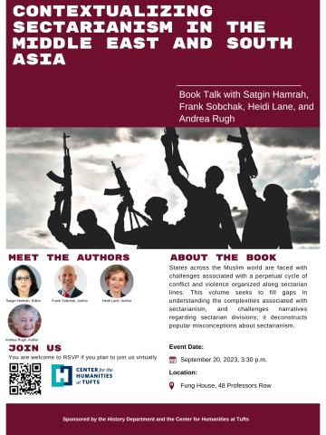 poster for book talk, with picture of sectarian fighters raising weapons