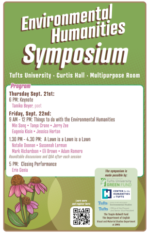 Symposium flyer with green background, pink flowers and brown text