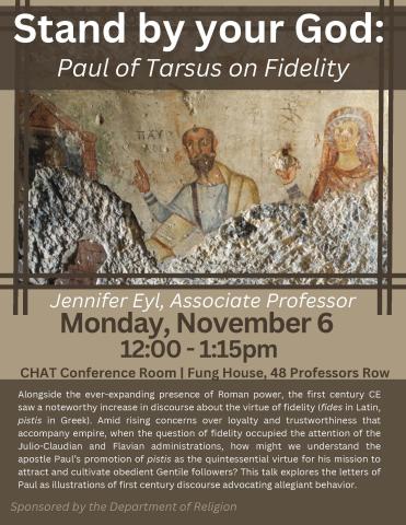 poster featuring painting of Paul of Tarsus lecturing people