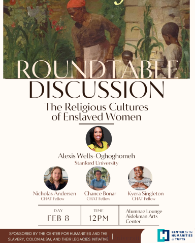 flyer featuring painting of slave woman, and profile photos of three speakers