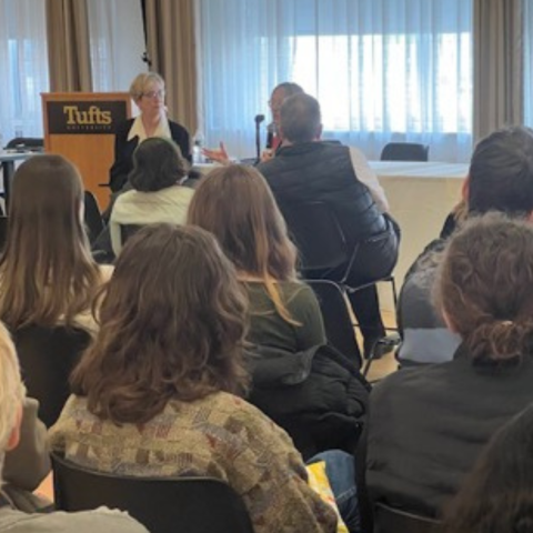 Elizabeth Hand and Susan Napier talking, facing an audience