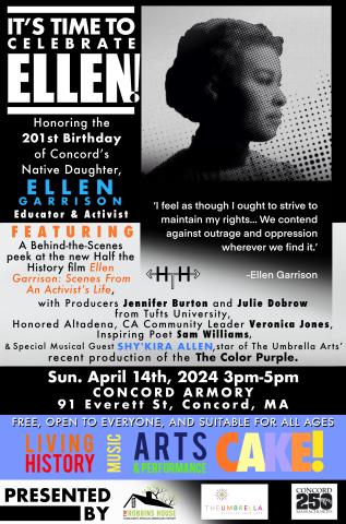 flyer with Ellen Garrison in profile, and lots of text in black and white