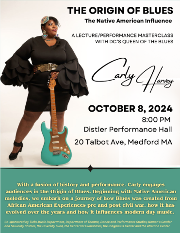 flyer with Carly Harvey holding a guitar, and text in black and green