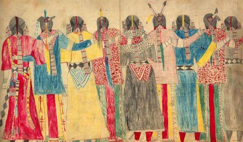 tapestry of ten native americans in colorful dress