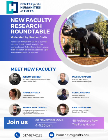 flyer featuring six faculty profile pictures and the tufts elephant statue