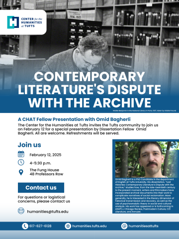 flyer featuring text plus image of a guy sitting at a desk with books behind him