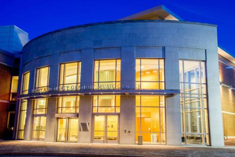 exterior of Granoff Music Center at night