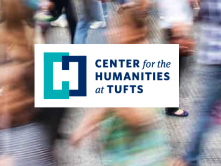 Center for the Humanities logo on background of people walking on a sidewalk