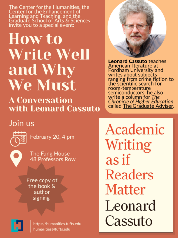 poster in orange with Leonard Cassuto profile picture and book cover for his book