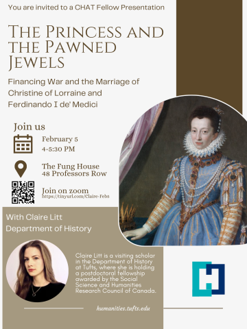 poster featuring renaissance painting and photo of Claire Litt plus text in brown