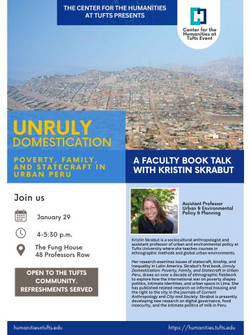 flyer featuring city in Peru, photo of Kristin, and text on a blue background