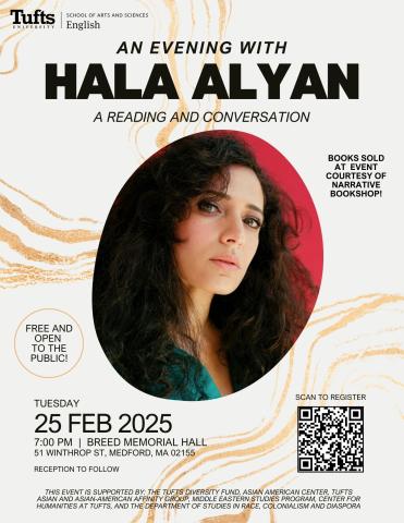 flyer featuring Hala Alyan on a white and gold marbled background with text in black