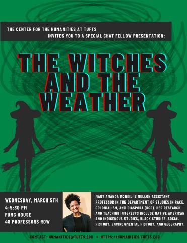 green flyer with outlines of two witches in black. Text in white on a black background