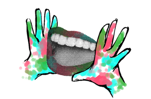 multicolored hands amplifying a smiling mouth in grey