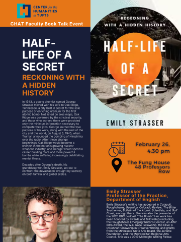 poster with blue background, the book cover and profile photo of Emily Strasser