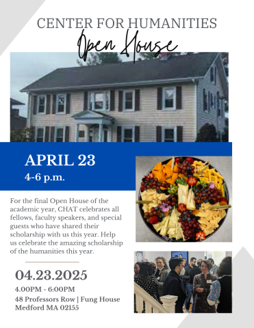 flyer featuring building on top, a cheese plate and crowed on right and text on left