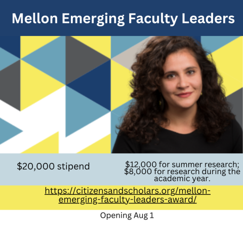 advertisement with picture of woman with brown hair on a blue & yellow background