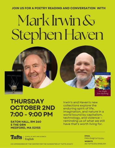 green poster with photos of Mark Irwin and Stephen Haven in center with text in black
