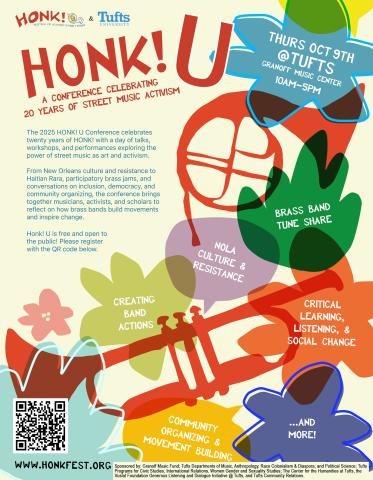 poster with pale yellow background, colorful drawn flowers and instruments, and text in red and blue