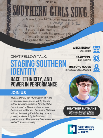 poster in tan and blue, with old flyer on top, and Heather Nathans photo in center, with text in blue and black