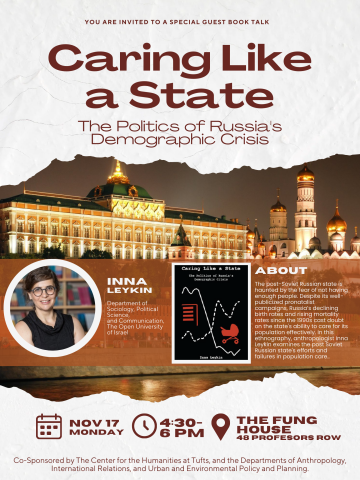 poster with text in red, plus photo of the kremlin, Inna reykin, and the book cover in the middle