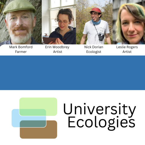 flyer with 4 photos of speakers on top, and university ecologies logo on bottom