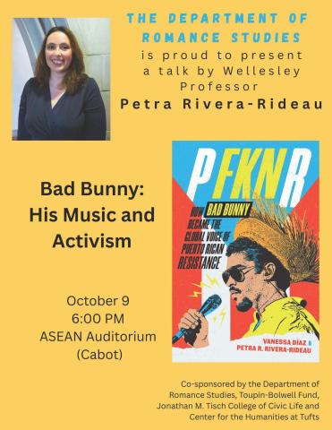 yellow poster with professor rivera in left corner, and Bad Bunny drawing in right bottom corner
