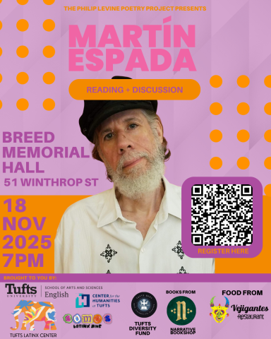 photo of Martin Espada on pink and orange background, with purple text