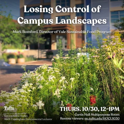 outdoor scene with wildflowes in foreground, academic building in the background and text in white