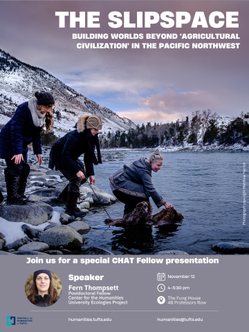 poster featuring three people crouched at a riverbank, holding a pelt, in a snowy landscape, with text in white