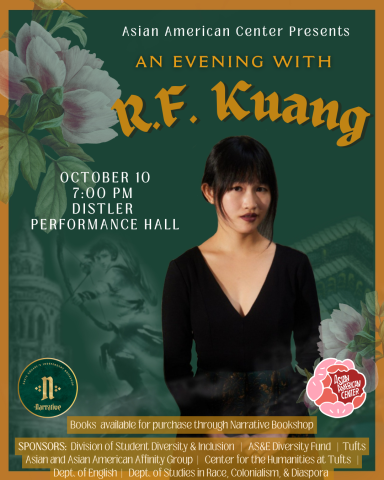 photo of RF Kuang on a green background with flowers and an archer in the background