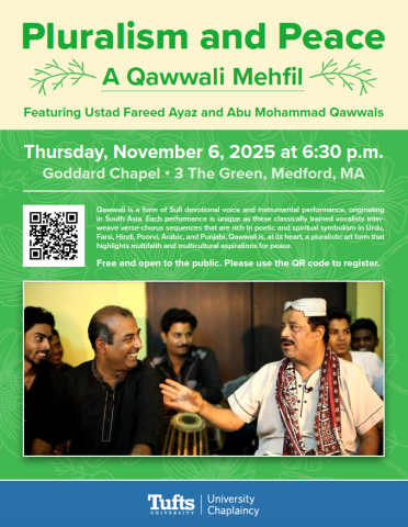 poster with green and yellow blocks of text, and photo of 4 men talking