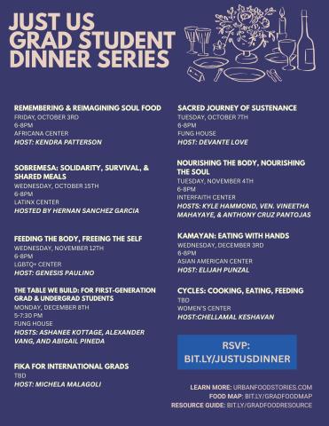 Flyer with Purple background and line drawing of plates and drinks, with text in white