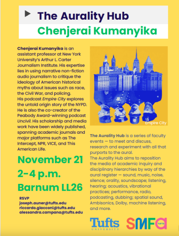 yellow poster with black text and blue picture of buildings and people