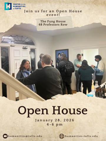 poster in tan with photo of people chatting in a lobby