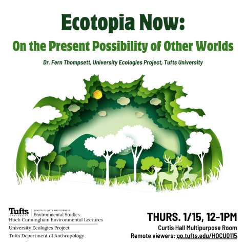 White poster with green text and paper-effect picture of forest