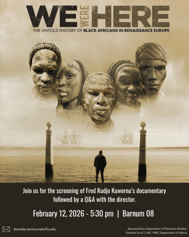 poster with black faces in the foreground and ships on the water in the back with text in white