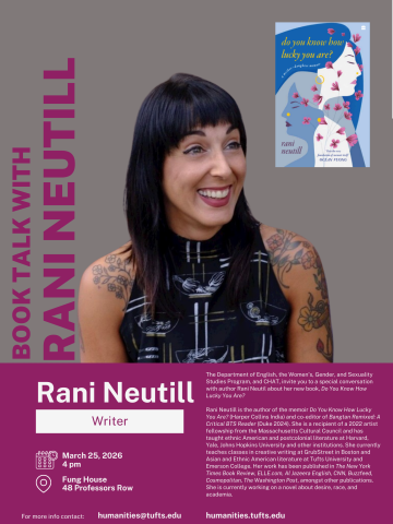 poster featuring Rani Neutill and a photo of her book on top, a purple box with event details on bottom