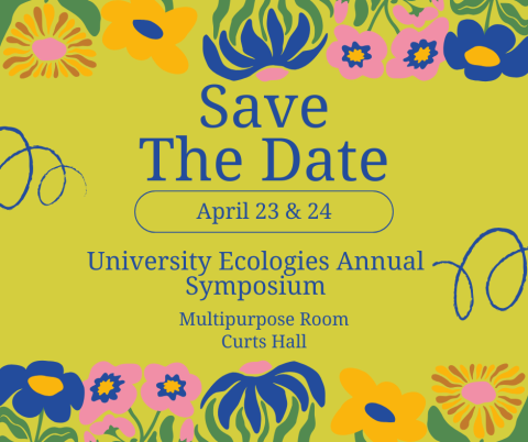 yellow poster with blue and pink flowers and text in blue