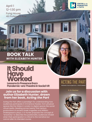 flyer with picture of fung house on top, elizabeth hunter in the middle, and book on bottom with text in brown and white on a pink background