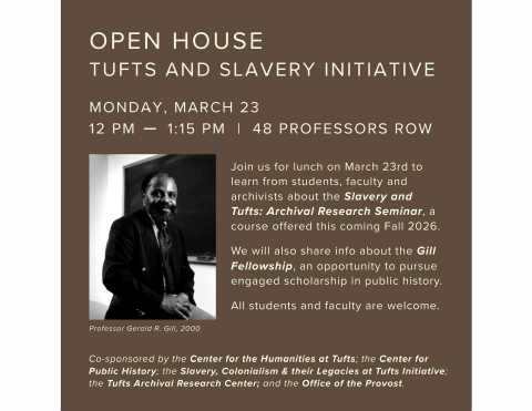 brown poster with white text and picture of Gerald Gil on left