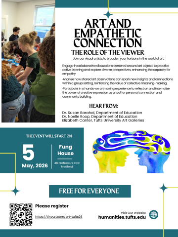 poster with photo of students on left, abstact sillhouettes in middle, and blocks of blue with text in black