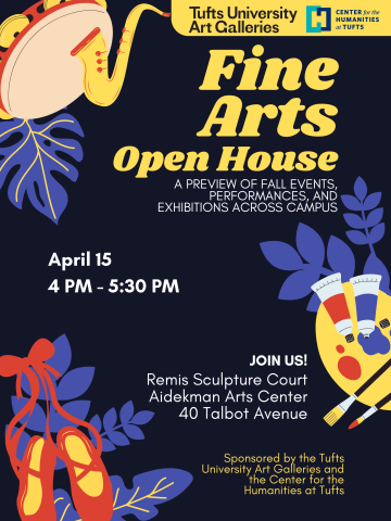 dark blue poster with images of ballet shoes, instruments and paint in light colors with text in yellow