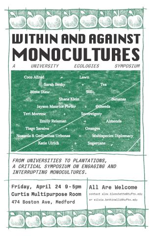 poster with green apple design border and text in white with image of lawn in the middle