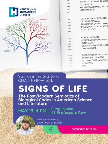poster with picture of book of life on top, and sand on the bottom with text in purple box
