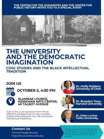 poster with tufts campus on top, and blue text on white background below and pictures of the three speakers on right